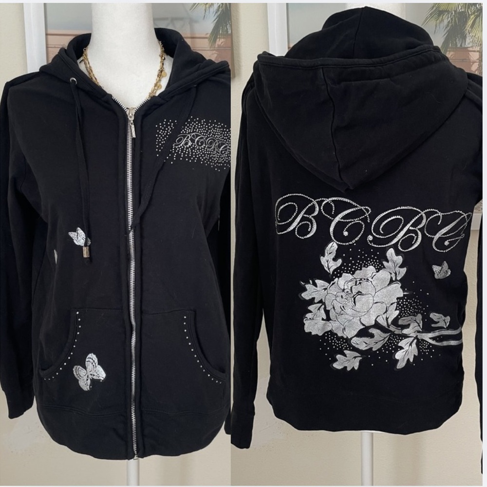 BCBGMaxAzria Y2K Zip Up Butterfly Floral Hoodie Sweatshirt Rhinestones Large